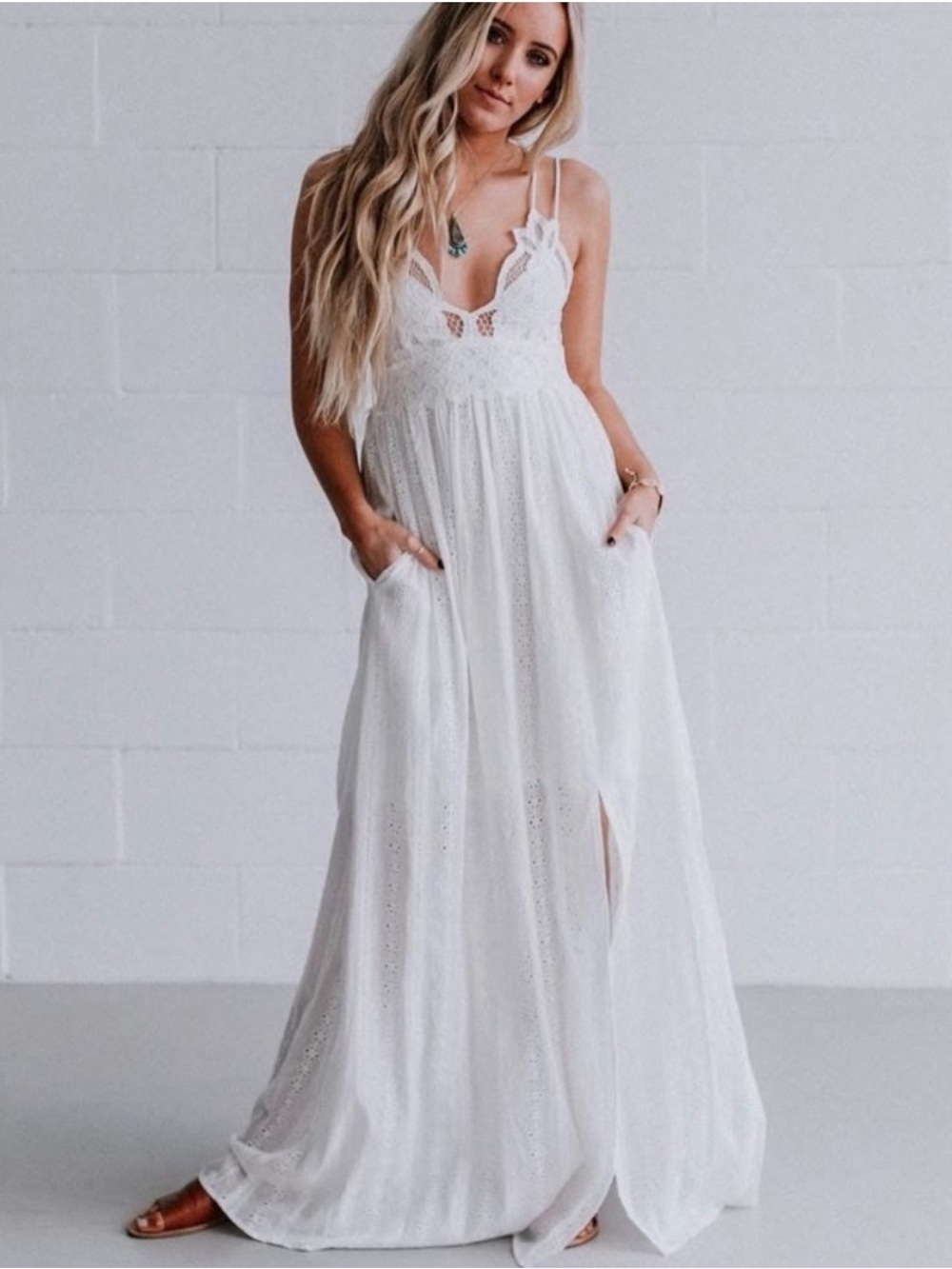 Three Bird Nest White Lace Bralette  Eyelet Maxi Dress Slit Spaghetti Strap Boho - Picture 3 of 13